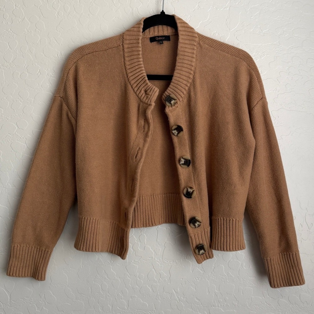 Quince Women's Organic Cotton Cropped Cardigan Camel Brown Small - Picture 2 of 10